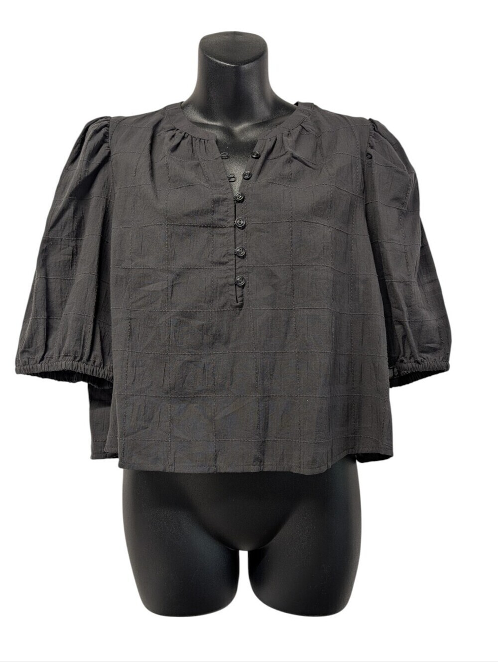 a.n.a Charcoal Gray Boho Puff Sleeve Button Down Cropped Top Blouse Size L NWT